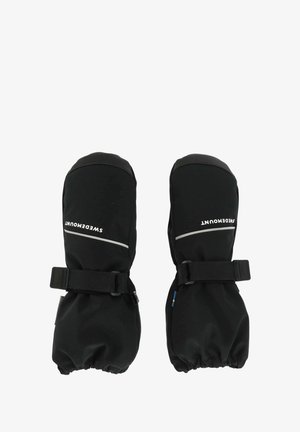 Muffole nere con un design a guscio morbido, caratterizzate da un polsino cinched, cinturini regolabili e accenti riflettenti per la visibilità.