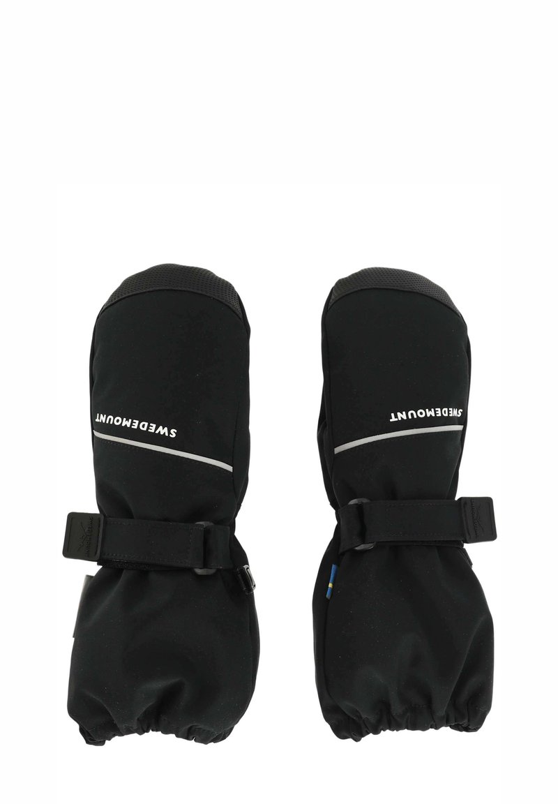 Muffole nere con un design a guscio morbido, caratterizzate da un polsino cinched, cinturini regolabili e accenti riflettenti per la visibilità.