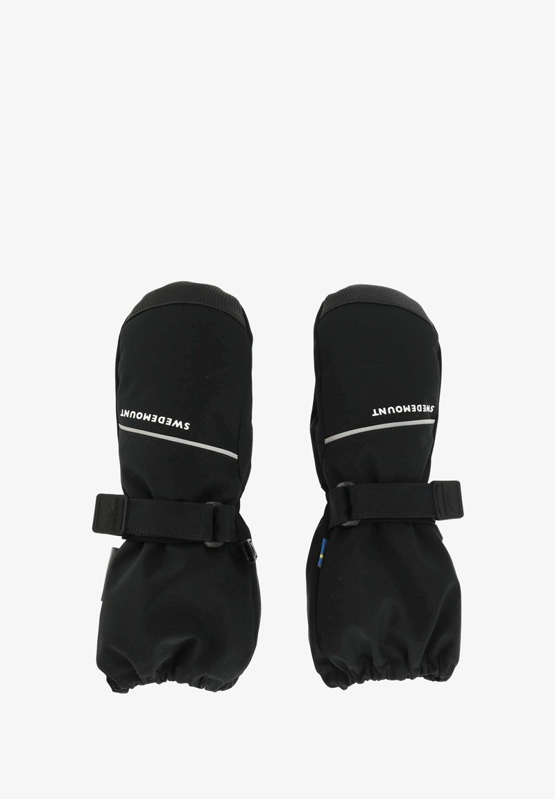 Czarne rękawice z miękką powłoką, z ściągaczem przy nadgarstku, regulowanymi paskami oraz elementami odblaskowymi dla lepszej widoczności.