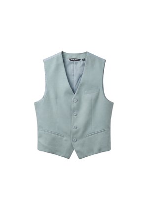 Gilet formale da uomo grigio chiaro con quattro bottoni, due tasche anteriori con fessura e una tasca al petto con filetto.