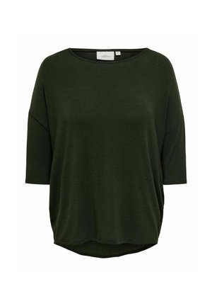 T-shirt ample à manches courtes de couleur vert foncé, avec un col rond et un ourlet légèrement courbé, fabriqué en tissu doux.