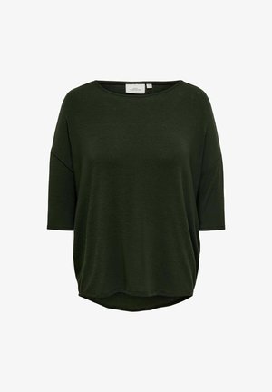 Dark green loose-fit short sleeve top with round neckline and slightly curved hem, made from soft fabric.