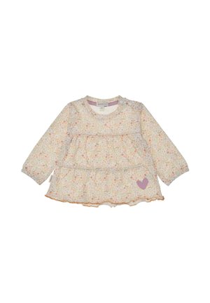 Langärmliges Baby-Kleid mit pastellfarbenem Blumenmuster, gestuftem Design und einem kleinen lila Herzdetail nahe dem unteren Saum.