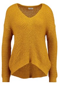 Hořčicov�ě žlutý pletený svetr s výstřihem do V, dlouhými rukávy, volným střihem a asymetrickým lemem. Obsahuje texturovaný vzor stehu.