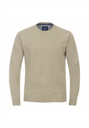Beige Rundhals-Pullover aus Baumwolle. Das Design bietet gerippte Bündchen und einen gerippten Saum, mit einem dezenten Logo auf der Brust und einem gestreiften inneren Kragen.
