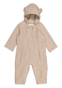 Beige, lodden jumpsuit med hette og bjørneører, med glidelås foran og lange ermer. Mykt, strukturert stoff gjennom hele.