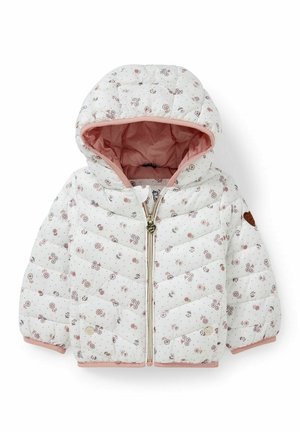 Veste rembourrée blanche pour tout-petit avec imprimé floral rose, capuche, fermeture éclair à l'avant et doublure intérieure rose.