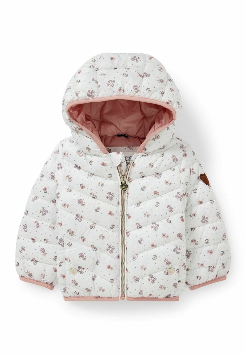 Veste rembourrée blanche pour tout-petit avec imprimé floral rose, capuche, fermeture éclair à l'avant et doublure intérieure rose.