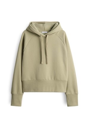 Beige hoodie met lange mouwen en trekkoordkap, geribbelde manchetten en zoom, recht vooruit getoond op een witte achtergrond.
