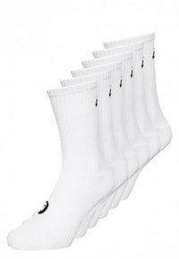Weiße Crew-Socken mit gerippter Struktur, die ein schwarzes Logo am Knöchel zeigen. Ein Set aus fünf Paaren, die in einer versetzten Anordnung angeordnet sind.