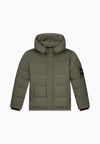 Olijfgroene gewatteerde jas met capuchon, voorzien van een voor closure, zijzakken en een gestructureerde accent op de mouw.