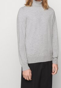 Maglione grigio a collo alto in morbido tessuto a maglia, con maniche lunghe, polsi e orlo a coste, dalla vestibilità rilassata e design minimale.