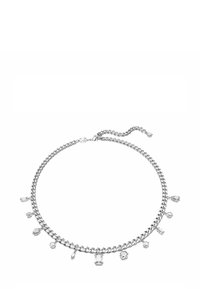 Silberkette mit mehreren klaren Edelsteinanhängern in verschiedenen Formen, darunter Tropfen- und Smaragdschliff, mit einem Karabinerverschluss.