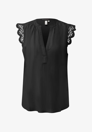 Czarna bluzka bez rękawów z koronkowymi, falującymi rękawkami w stylu czapeczek i dekoltem w serek.