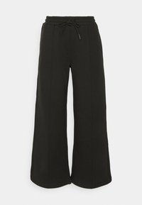 Svarta, vida joggingsbyxor i mjukt tyg, med resårmidja och dragsnöre samt vertikala sömmar för struktur.