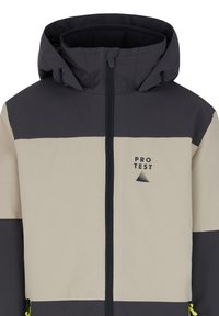 Herrenjacke in Beige und Dunkelgrau mit einem Reißverschluss, verstellbarem Kapuze und Logo auf der Brust. Glatte Textur, modernes Design.