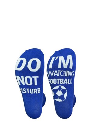 Blaue Socken mit weißem Text, der auf einer Socke "NICHT STÖREN" und auf der anderen "ICH BEOBACHTE FUSSBALL" mit einem Fußball-Logo liest.