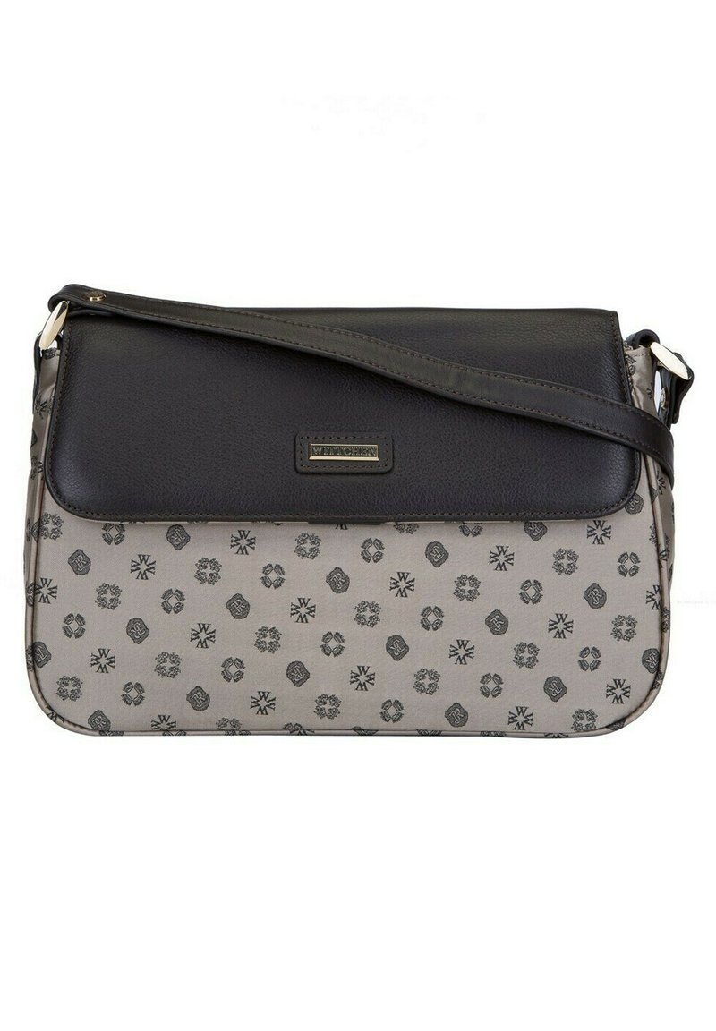 Borsa a spalla con una patta in pelle nera e un corpo in tessuto grigio a fantasia, caratterizzato da piccoli stampati floreali e del logo, e una tracolla removibile.
