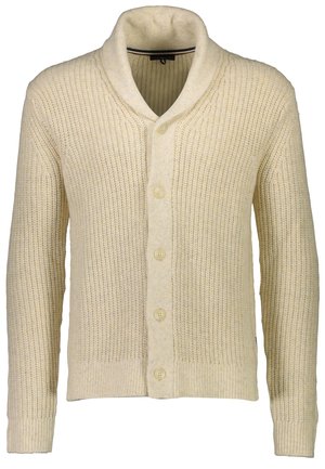 Cardigan tricoté couleur crème avec col châle, manches longues, texture côtelée et cinq boutons devant.