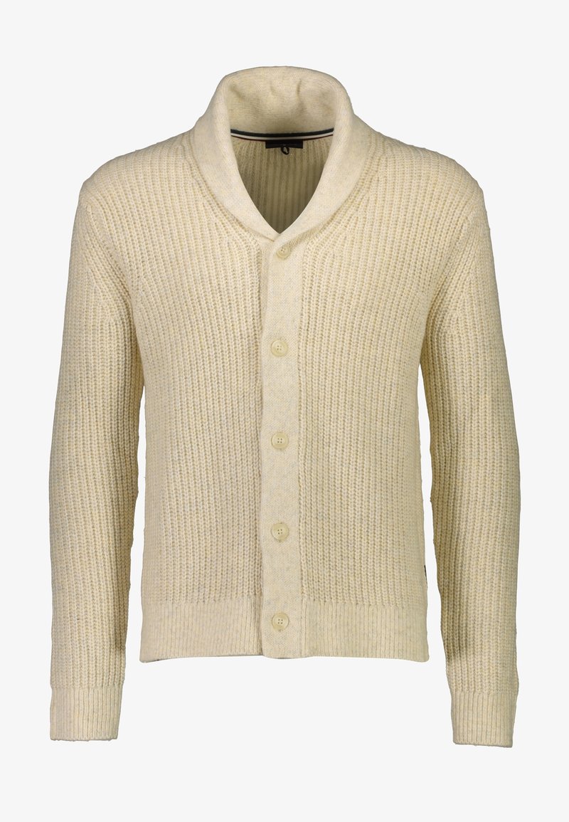Cardigan tricoté couleur crème avec col châle, manches longues, texture côtelée et cinq boutons devant.