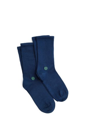 Marineblaue Baumwollsocken mit geripptem Muster. Mit einem kleinen grünen Logo an der Seite. Entworfen für Komfort und Langlebigkeit.