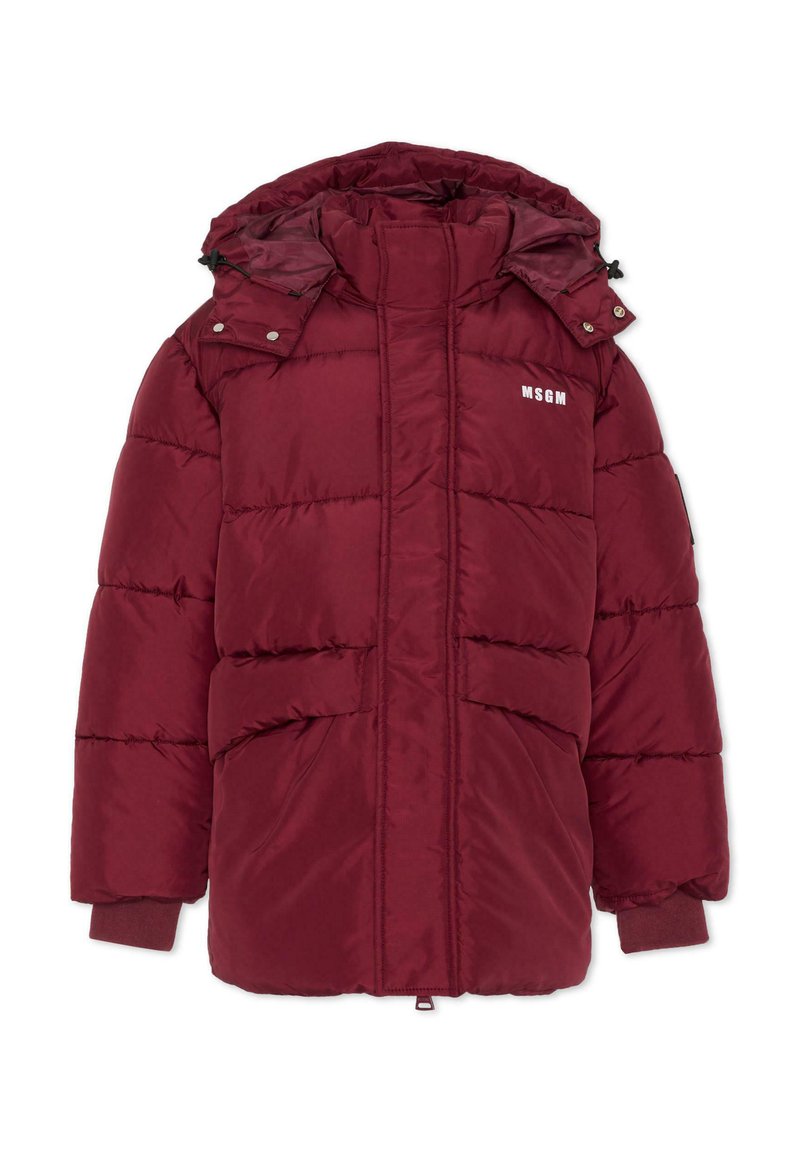 Giacca a vento bordeaux con cappuccio staccabile, caratterizzata da due tasche frontali, polsini a costine e il logo "MSGM" sul petto.