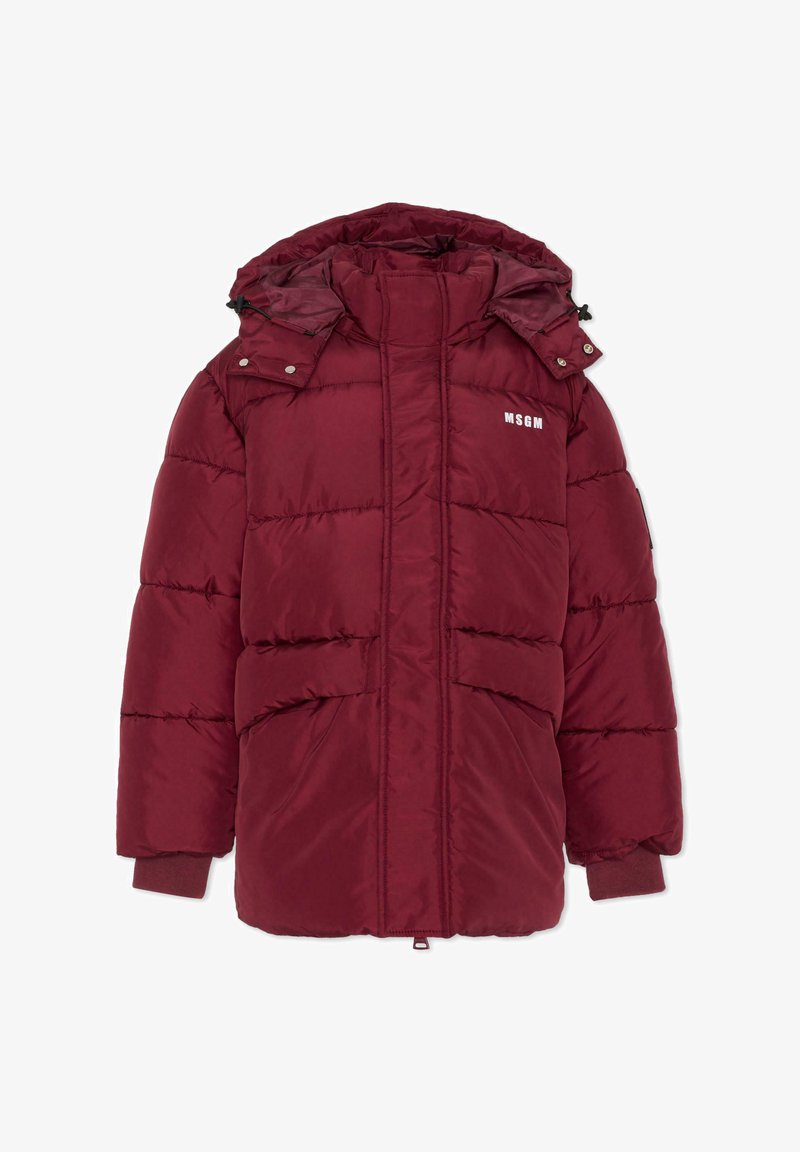 Bordowy puchowy kurtka z odpinanym kapturem, posiadająca dwie przednie kieszenie, ściągacze na końcach rękawów oraz logo "MSGM" na piersi.