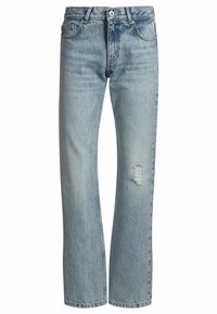 Ljusblå denimjeans i rak modell, med ett slitaget knä med fransade kanter, femfickorsdesign och knäppning.