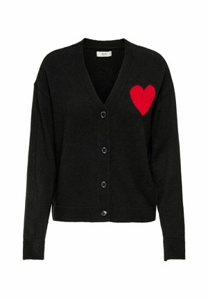 Zwarte cardigan met een V-hals, knopen aan de voorkant en lange mouwen, met een fuzzy rood hartontwerp op de linkerborst.