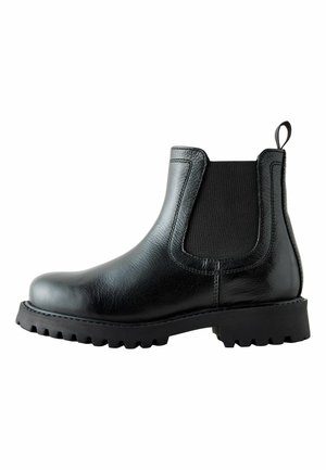 Black leather Chelsea boot with elastic side panels, pull tab at the back, and rugged rubber sole for added grip.