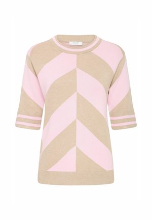 Beige und rosa Chevron-musterter kurzärmeliger Pullover mit geripptem Rundhalsausschnitt und gestreiften Bündchen. Weiche Textur und gerader Schnitt.