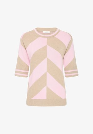 Beige und rosa Chevron-musterter kurzärmeliger Pullover mit geripptem Rundhalsausschnitt und gestreiften Bündchen. Weiche Textur und gerader Schnitt.