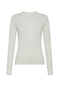 Maglione bianco a trecce con scollatura rotonda e maniche lunghe. Presenta polsini e fondo a coste per un look aderente. Realizzato in un materiale morbido e texturizzato.