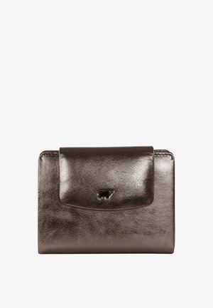 Braunes Lederportemonnaie mit glänzender Oberfläche, ausgestattet mit einem Klappenverschluss und geprägtem Logo-Detail auf der Vorderseite. Rechteckige Form.