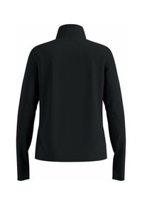 Zwarte longsleeve top met hoge kraag, gemaakt van een textuur met ribbels en een rechte snit. Naadloze constructie zonder zichtbare sluitingen.