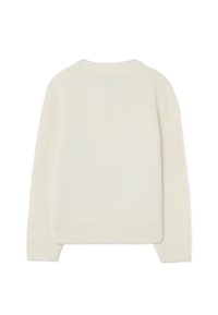 Cremfarbener Strickpullover, Rundhalsausschnitt, gerippte Bündchen und Saum, weiche Textur, leichtes Design, einfacher und schlichter Stil.