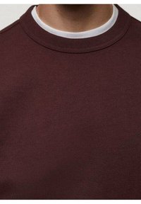 Persoon draagt een kastanjebruine rondehals trui over een wit shirt met ronde hals, waarbij alleen de nek en het bovenste deel van de borst zichtbaar zijn.