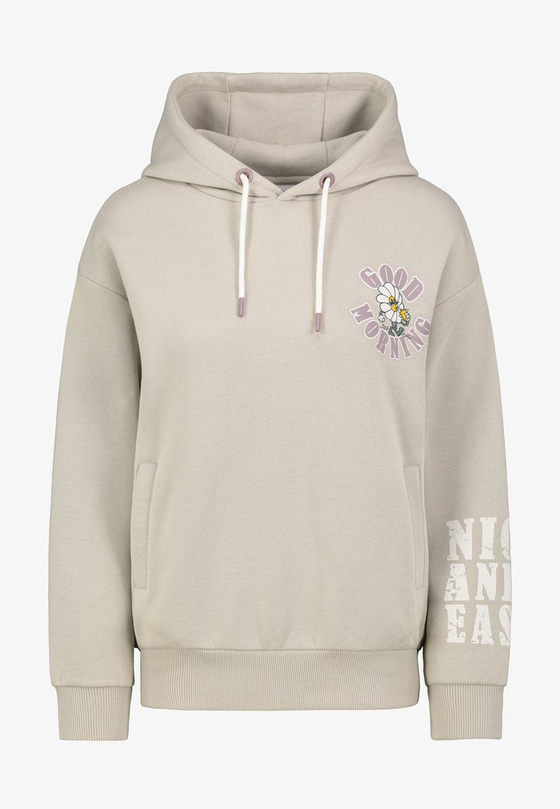 Beige hoodie met een voorzak, verstelbare trekkoorden, "GOEDE MORGEN" en een geborduurd bloemenontwerp op de borst, en tekst op de mouw.