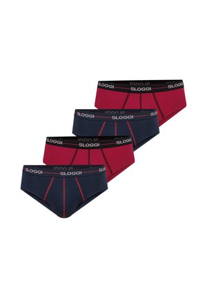 Quatre slips pour hommes en rouge et bleu marine alternés, chacun avec une ceinture noire portant le logo blanc « Sloggi ».