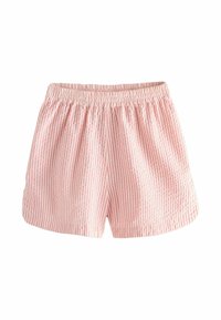 Pantalones cortos de algodón con cintura elástica, con rayas verticales rosas y blancas y un corte holgado. Textura suave, longitud hasta medio muslo.