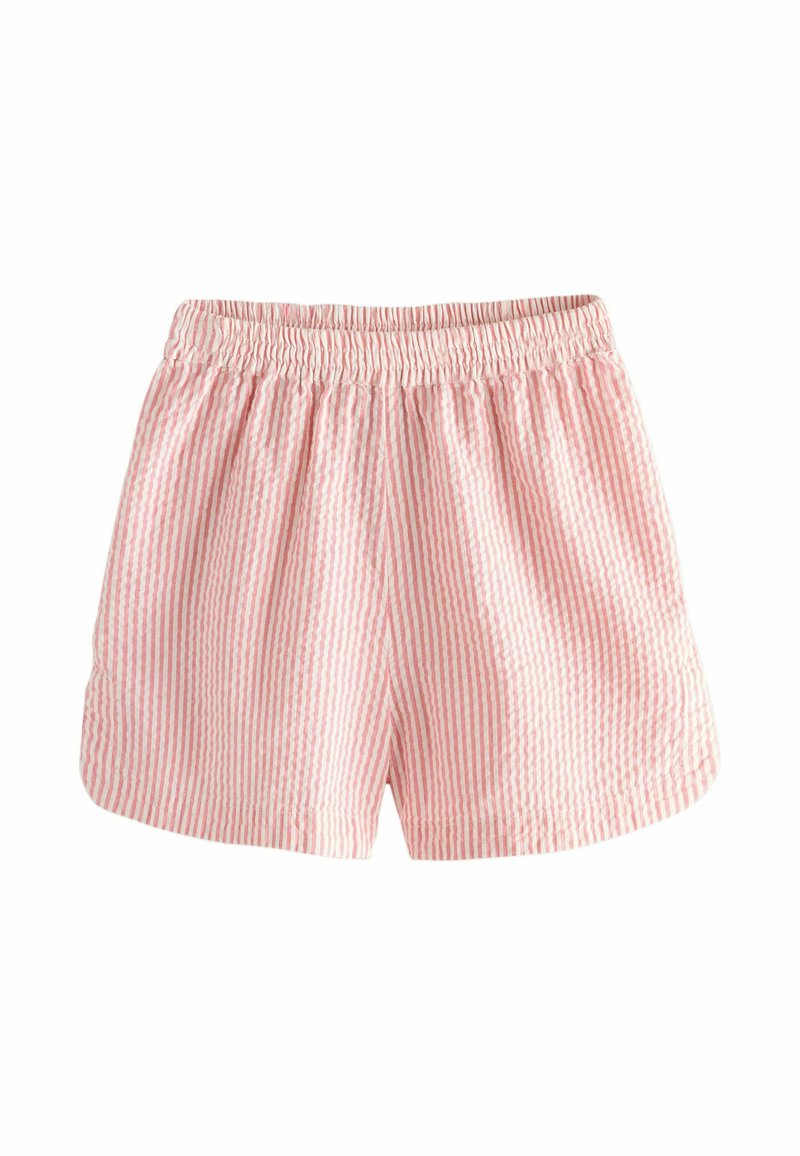 Pantalones cortos de algodón con cintura elástica, con rayas verticales rosas y blancas y un corte holgado. Textura suave, longitud hasta medio muslo.