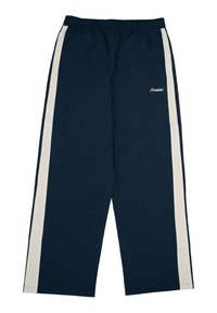 Pantaloni de trening bleumarin cu o dunga albă pe lateral, talie elastică și croială lejeră. Prezintă text brodat pe talie.