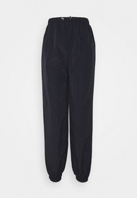 Black, lightweight, stretchable pants with an elastic waistband and cuffs, featuring a sleek, smooth texture and a relaxed fit.