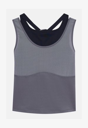 Szürke sportos ujjatlan felső, kerek nyakkivágással és versenyhát kialakítással, kontrasztos sötétkék részletekkel. Texturált anyagból készült, varrás nélküli konstrukcióval.