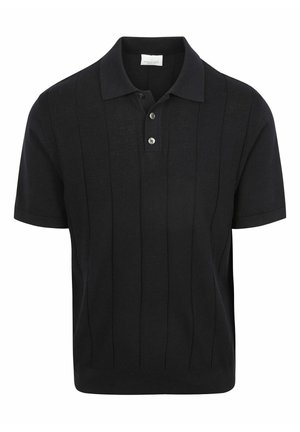 Zwart poloshirt met korte mouwen, met getextureerde verticale strepen en twee knopen op de sluiting, met een klassieke kraag.