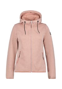 Veste à capuche rose clair à motifs, avec une fermeture éclair à l'avant, deux poches latérales et des cordons contrastants, fabriquée en tissu texturé.