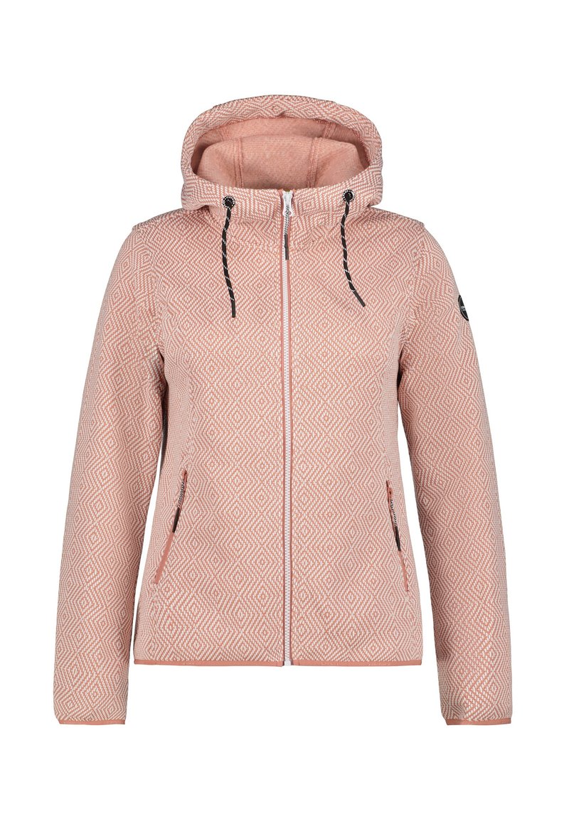 Veste à capuche rose clair à motifs, avec une fermeture éclair à l'avant, deux poches latérales et des cordons contrastants, fabriquée en tissu texturé.