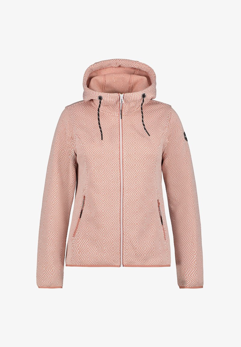 Veste à capuche rose clair à motifs, avec une fermeture éclair à l'avant, deux poches latérales et des cordons contrastants, fabriquée en tissu texturé.
