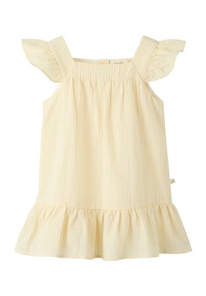 Ärmelloses hellgelbes Kleid mit dünnen weißen Streifen, mit gerafften Trägern und einem gerafften Saum.