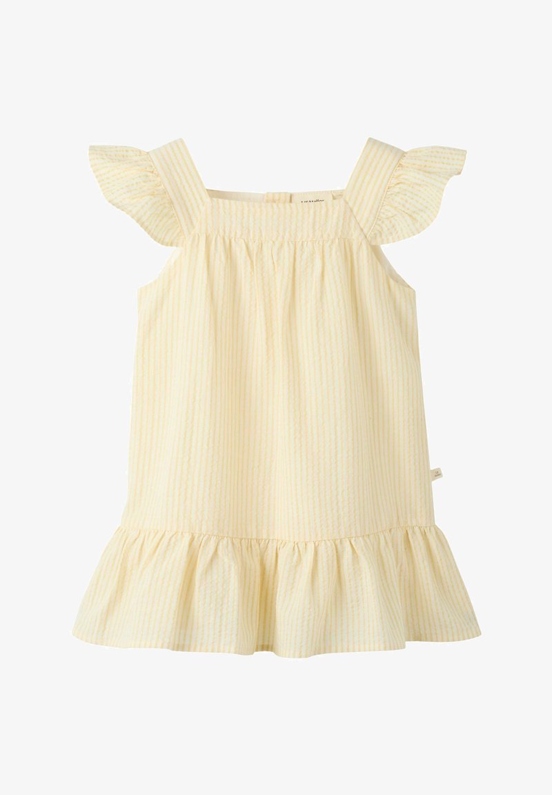 Robe sans manches jaune clair avec de fines rayures blanches, dotée de bretelles à volants et d'un ourlet à volants.
